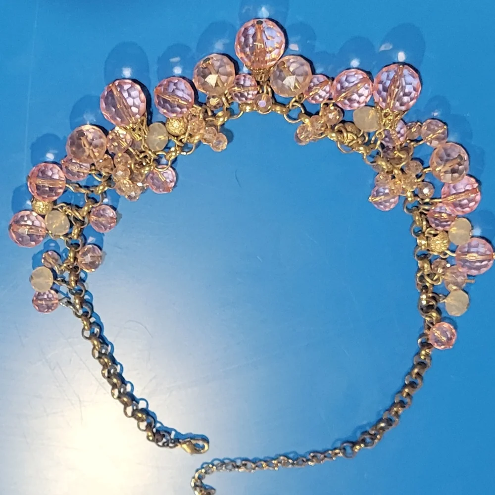 Gold Chain Beaded Pink Crystal Necklace Layered Textured Beads of Pink & Gold - Picture 4 of 5